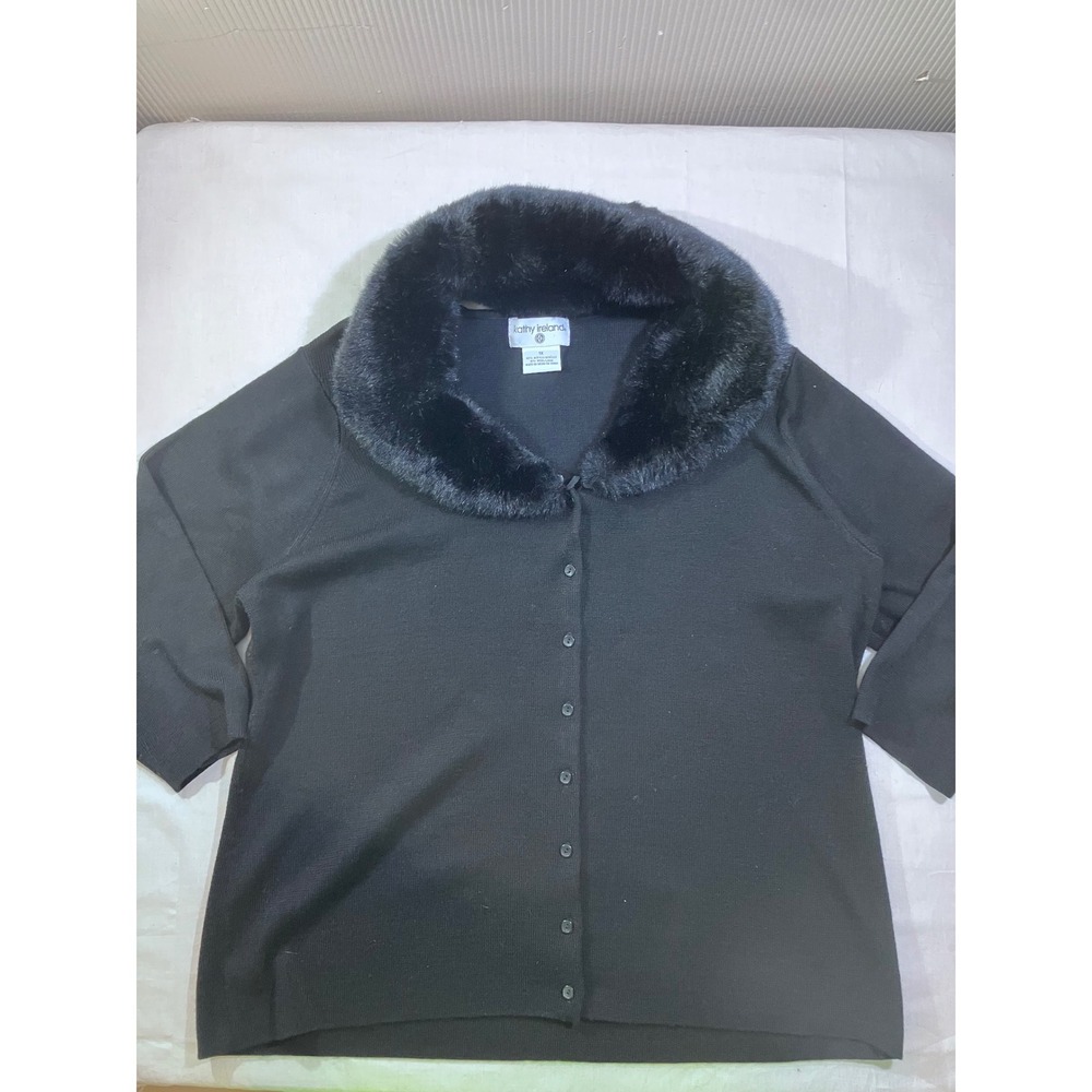 Kathy Ireland Black Faux Fur Collar Button Front Cardigan Sweater Wool Blend 1X